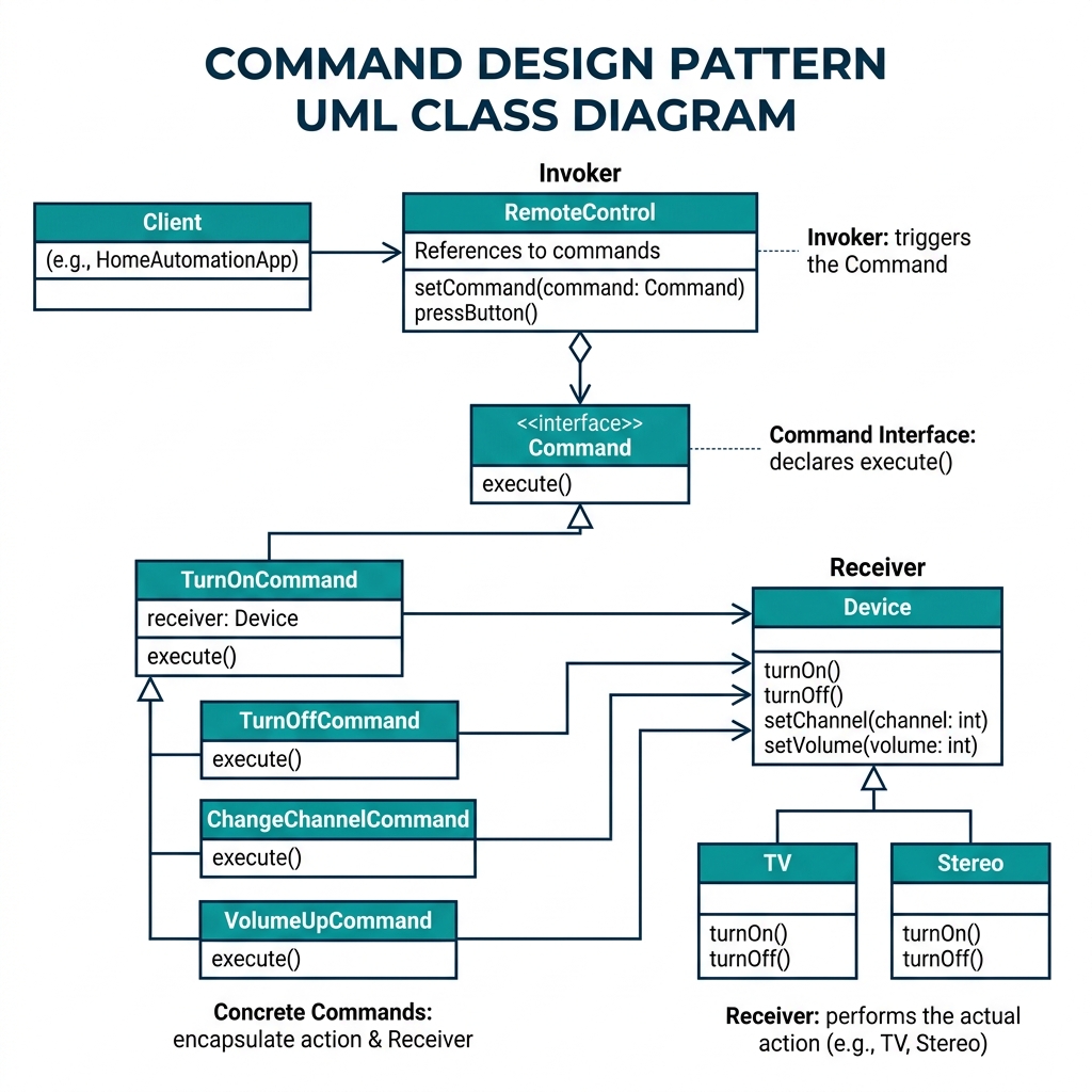 Command pattern class diagram with command interface, concrete commands, remote control invoker and device receiver
