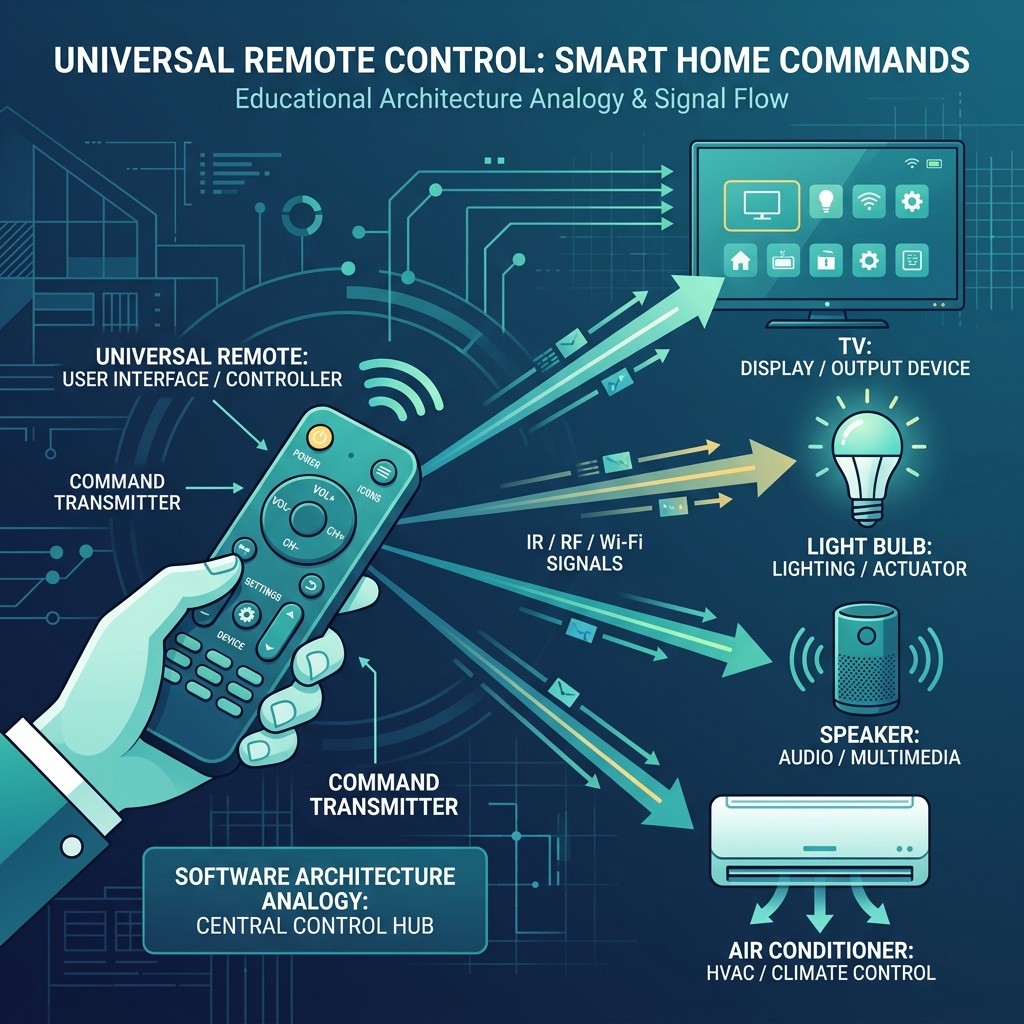 Remote control sends commands to lights, TV, speakers and AC