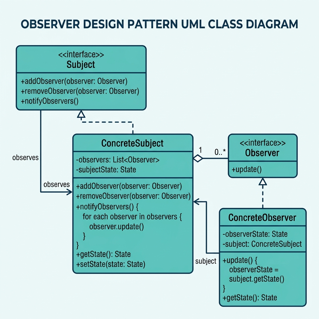 Observer pattern class diagram with Subject, Observer, WeatherStation, PhoneDisplay and TVDisplay