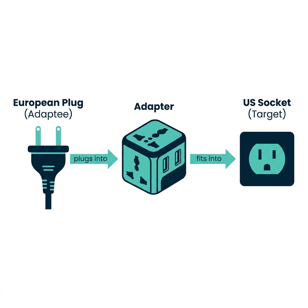 Travel plug adapter: European plug connects to US socket via adapter