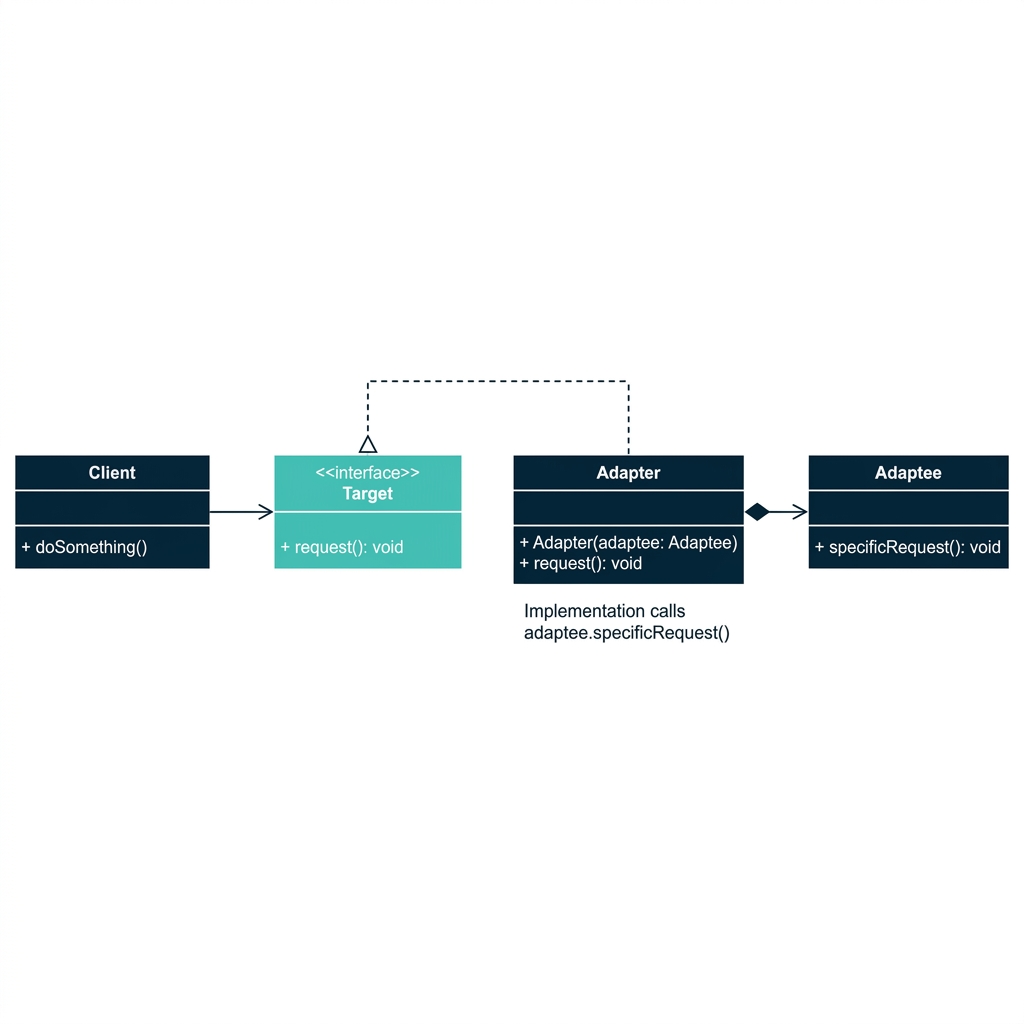 Adapter Pattern UML: Client → Target ← Adapter → Adaptee