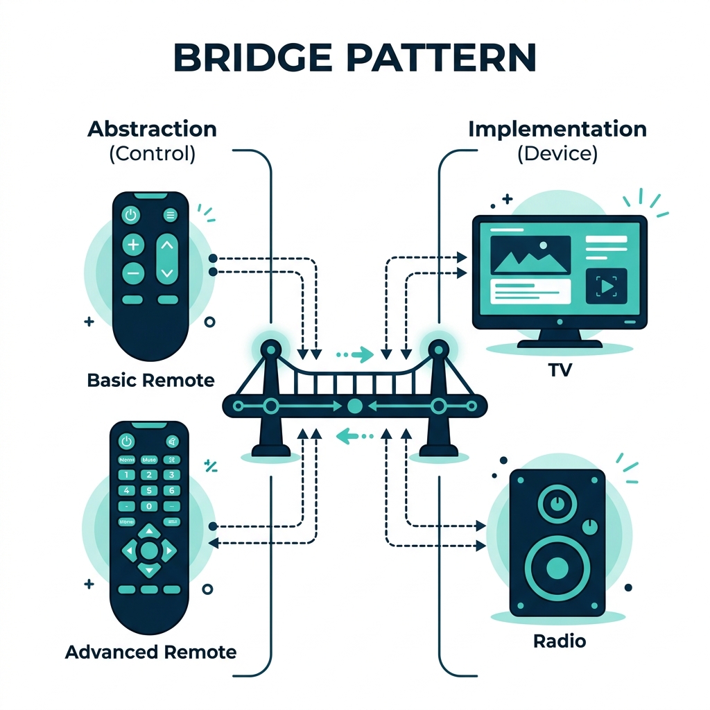 Bridge Pattern: Remote controls (Abstraction) connected to Devices (Implementation) via a bridge