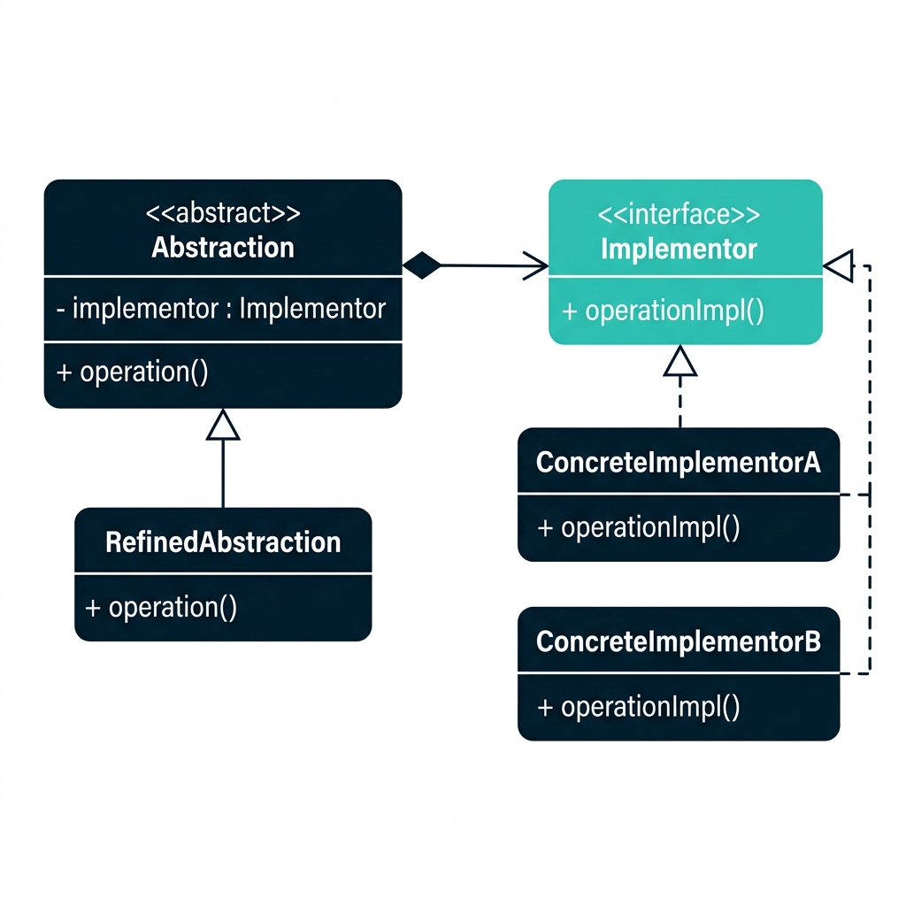 Bridge Pattern UML: Abstraction holds Implementor, both have subclass hierarchies