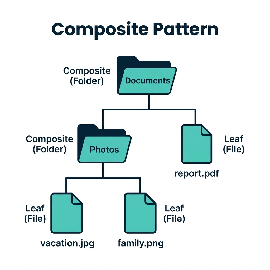 Composite Pattern: File system tree with folders (Composite) and files (Leaf)