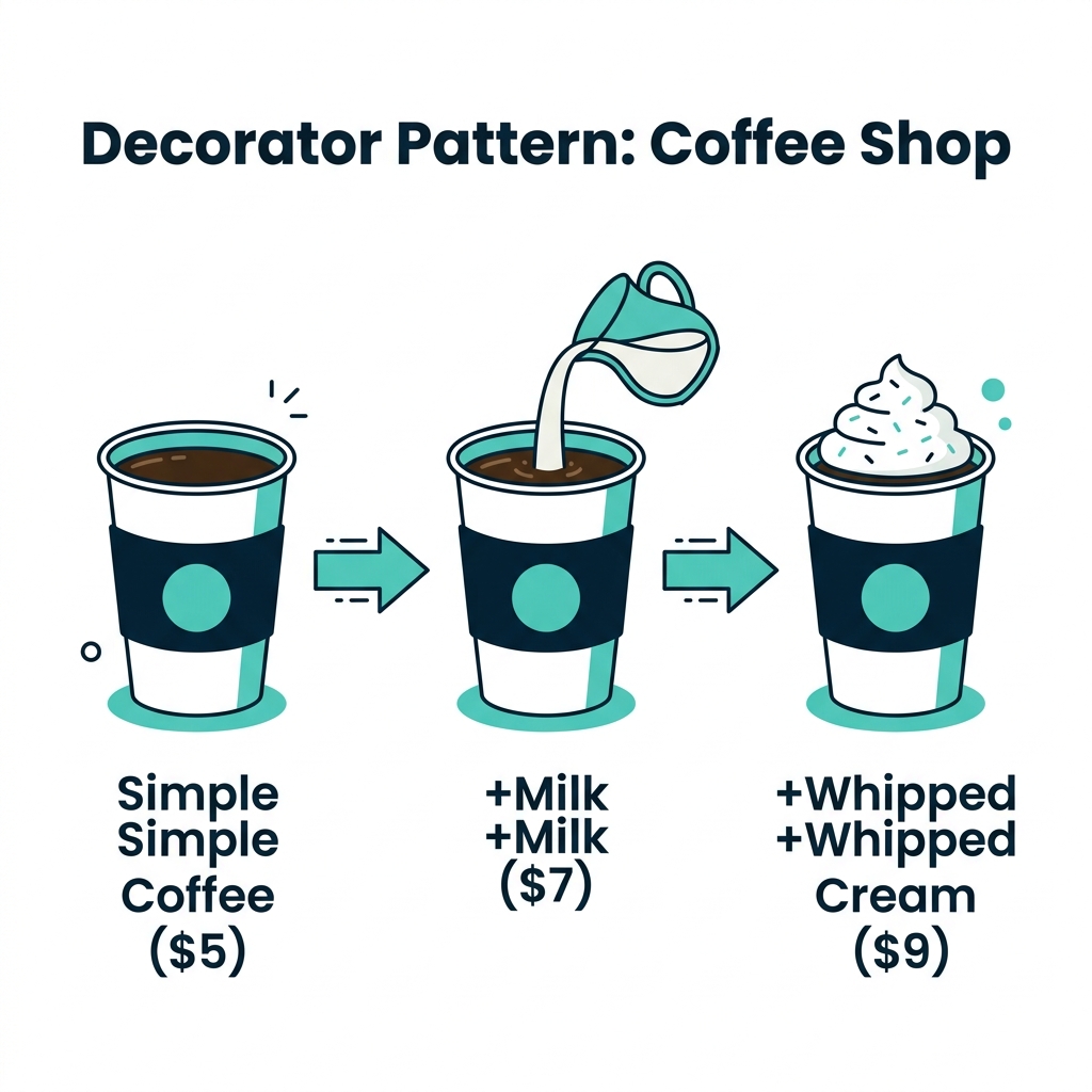 Decorator Pattern: Simple coffee → +Milk → +Whipped Cream, each layer adds cost