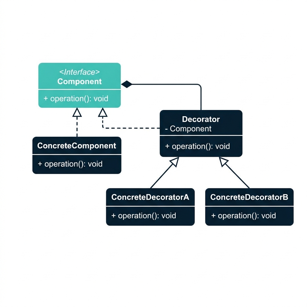 Decorator Pattern UML: Component interface, ConcreteComponent, Decorator holding Component, ConcreteDecorators