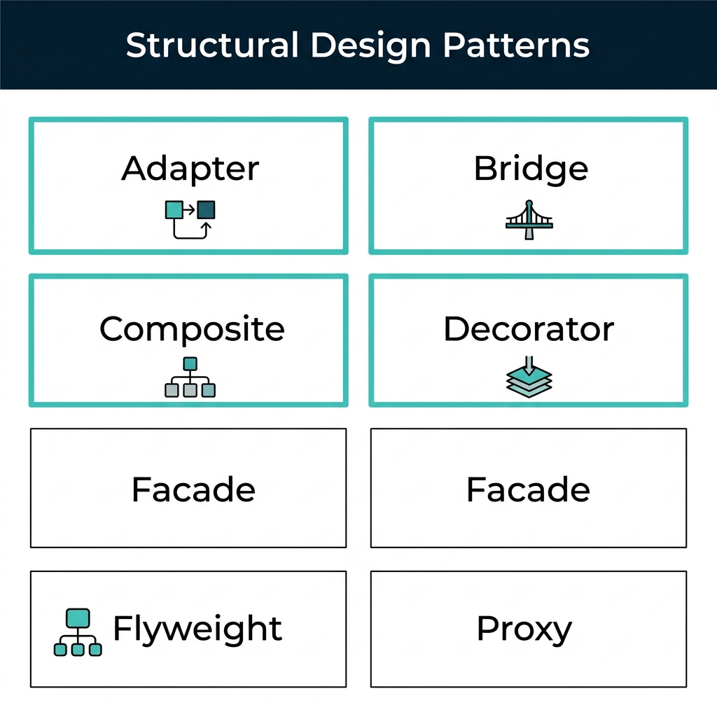The 7 GoF Structural Patterns: Adapter, Bridge, Composite, Decorator, Facade, Flyweight, Proxy